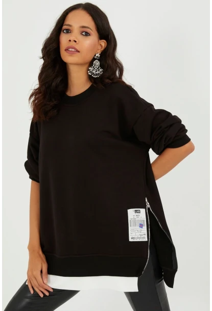 Kadın Siyah Yanları Fermuarlı Oversize Sweatshirt BK231095