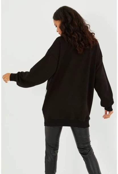 Kadın Siyah Yanları Fermuarlı Oversize Sweatshirt BK231095