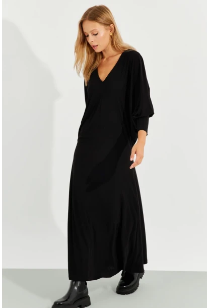 Kadın Siyah Yarasa Kol Midi Elbise BK272021