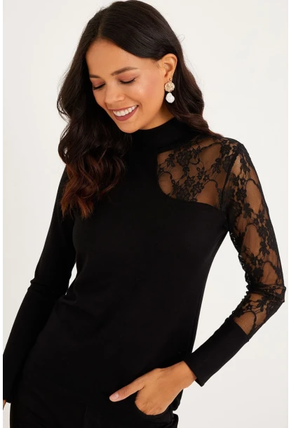 Kadın Siyah Yarım Balıkçı Dantelli Bluz BK1276