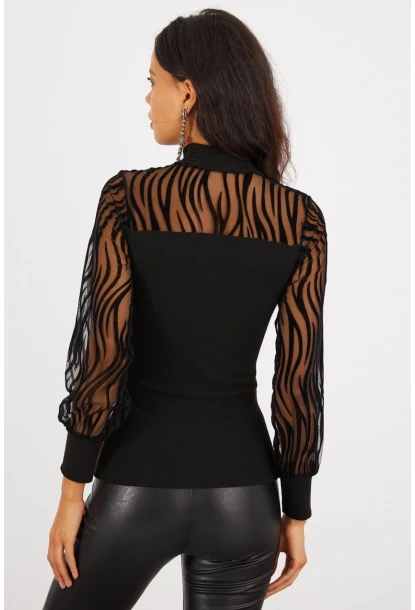 Kadın Siyah Yarım Balıkçı Üstü Tül Kaşkorse Bluz Yİ2401