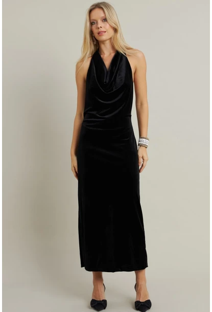 Kadın Siyah Yılbaşı Degaje Yaka Uzun Elbise GÇ197