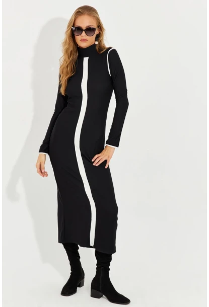 Kadın Siyah Yırtmaçlı Biyeli Midi Elbise RMZ1000