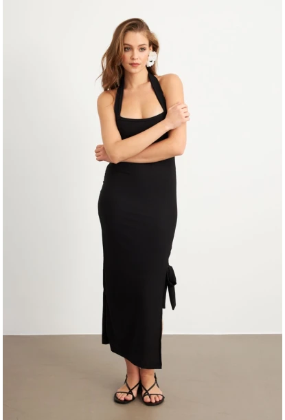 Kadın Siyah Yırtmaçlı Bürümcük Midi Elbise EY3098