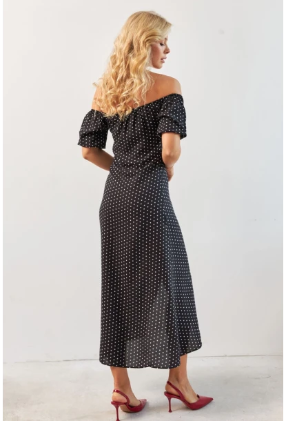 Kadın Siyah Yırtmaçlı Desenli Midi Elbise KED0243