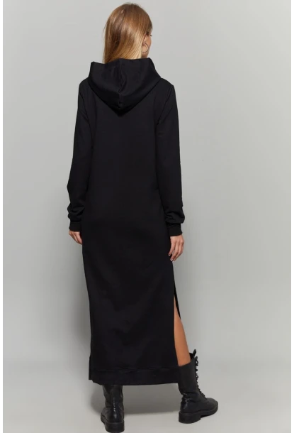 Kadın Siyah Yırtmaçlı Kapüşonlu Maxi Elbise EY1111