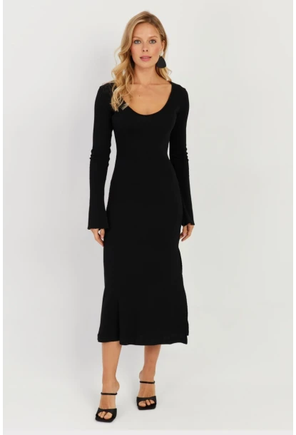 Kadın Siyah Yırtmaçlı Kaşkorse Midi Elbise EY2702