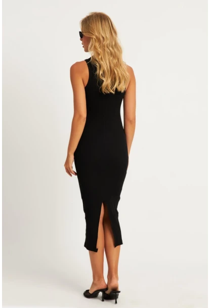 Kadın Siyah Yırtmaçlı Kaşkorse Midi Elbise MK15