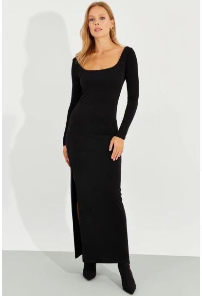 Kadın Siyah Yırtmaçlı Maxi Elbise MEN2007