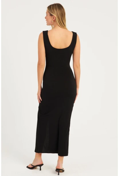 Kadın Siyah Yırtmaçlı Midi Elbise  MON1152