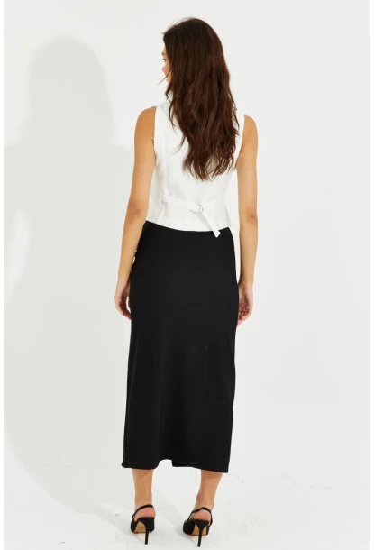 Kadın Siyah Yırtmaçlı Midi Etek RMZ20522