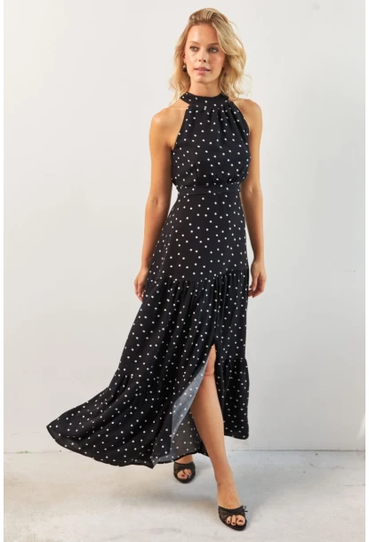 Kadın Siyah Yırtmaçlı Puantiyeli Midi Elbise KED4233