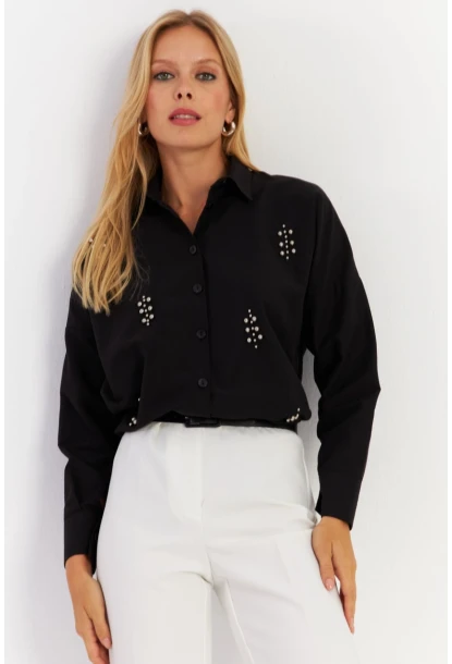 Kadın Siyah Zımbalı Gömlek MASF1