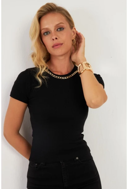 Kadın Siyah Zincir Aksesuarlı Bluz XL2020
