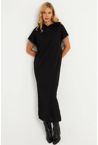 Kadın Siyah Zincir Detaylı Kapüşonlu Midi Elbise      EY2904