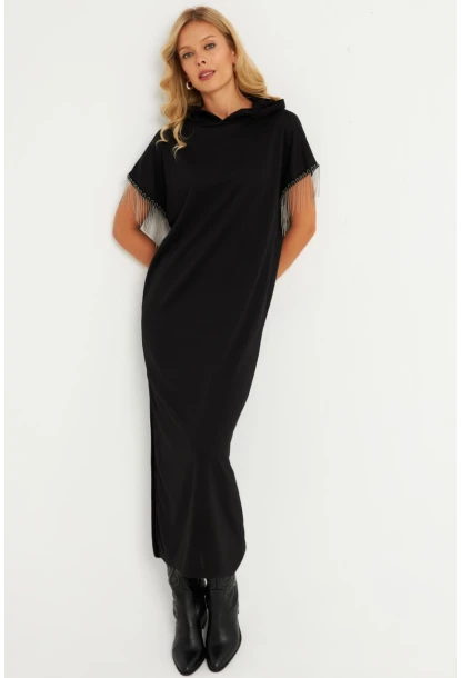 Kadın Siyah Zincir Detaylı Kapüşonlu Midi Elbise      EY2904