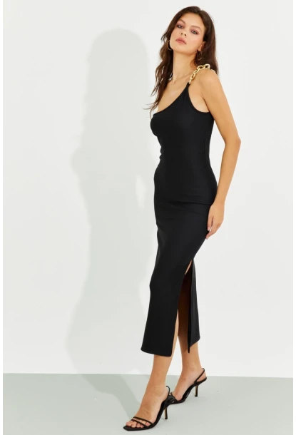 Kadın Siyah Zincir Detaylı Tek Omuz Midi Elbise RMZ21065
