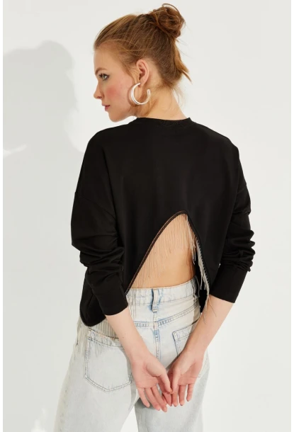 Kadın Siyah Zincirli Asimetrik Sweatshirt EY2664