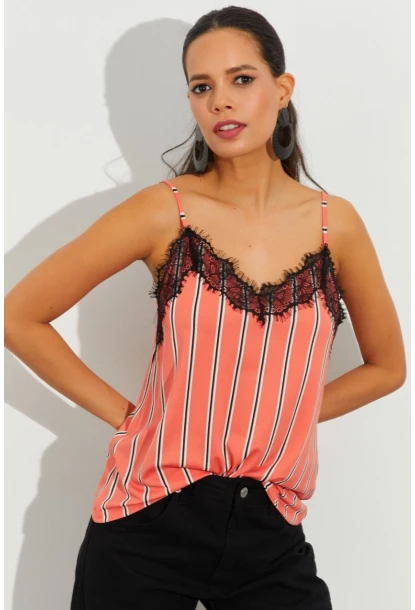 Kadın Somon Dantelli Çizgili Atlet LPP1223