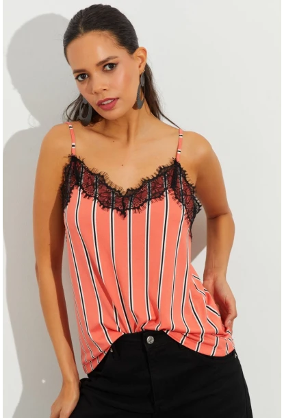 Kadın Somon Dantelli Çizgili Atlet LPP1223