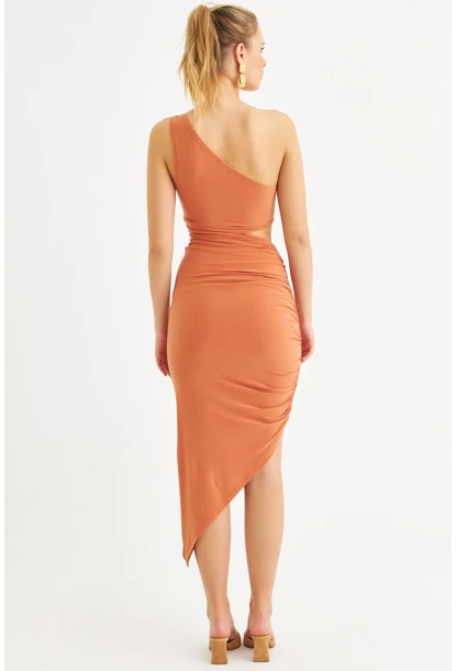 Kadın Somon Drapeli Dekolteli Midi Elbise SDY1264