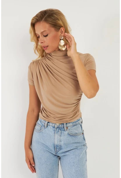 Kadın Sütlü Kahve Büzgülü Bluz LPP1287
