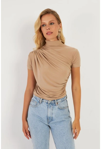 Kadın Sütlü Kahve Büzgülü Bluz LPP1287