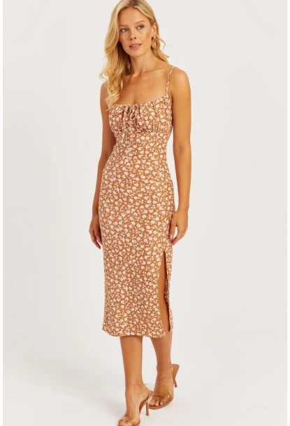 Kadın Sütlü Kahve İnce Askılı Midi Elbise MON125