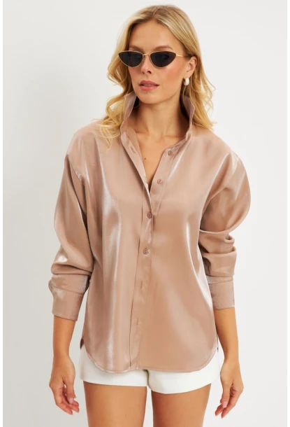 Kadın Sütlü Kahve Parlak Gömlek QRS8022