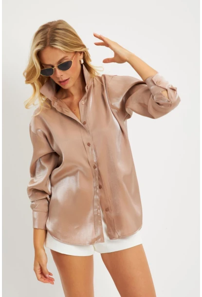 Kadın Sütlü Kahve Parlak Gömlek QRS8022
