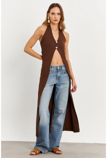 Kadın Taba Düğme Detaylı Uzun Yelek EY3048