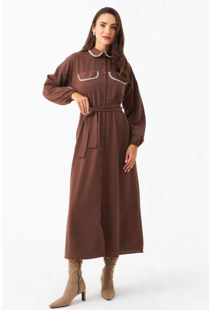 Kadın Taba Kemerli Maxi Gömlek Elbise MASF17