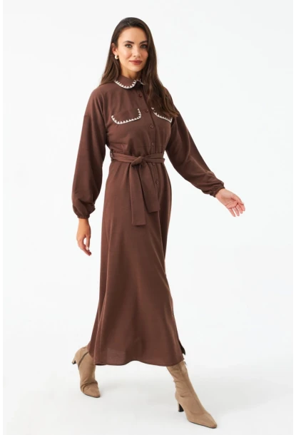 Kadın Taba Kemerli Maxi Gömlek Elbise MASF17