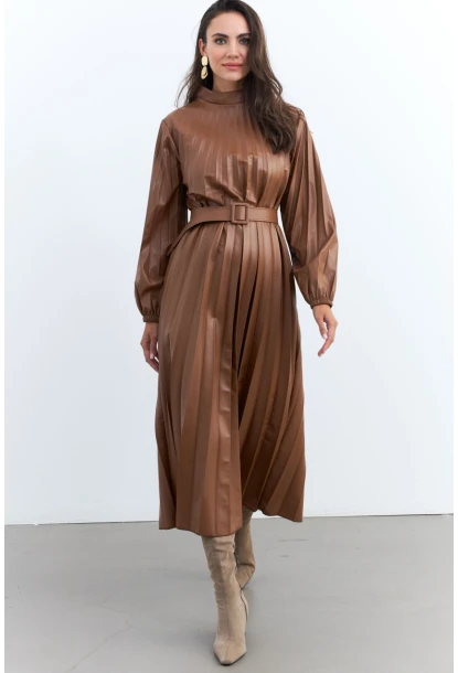 Kadın Taba Pileli Kemerli Maxi Elbise MALZ99