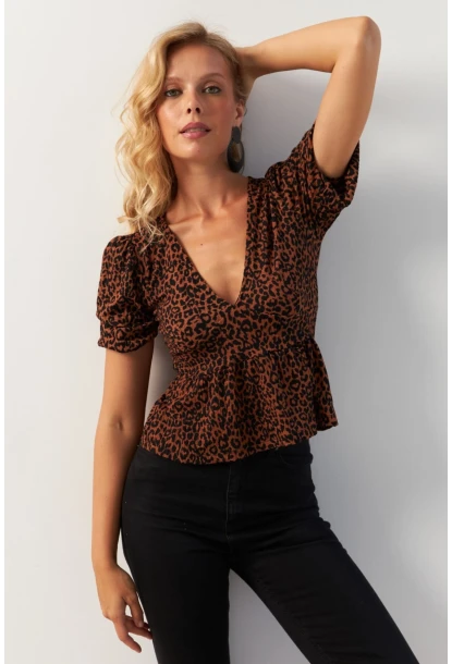 Kadın Taba V Yaka Desenli Bluz KAZ21