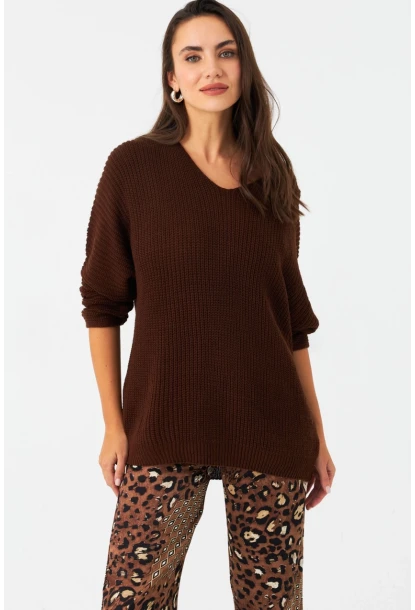 Kadın Tarçın V Yaka Salaş Triko Bluz SMT158