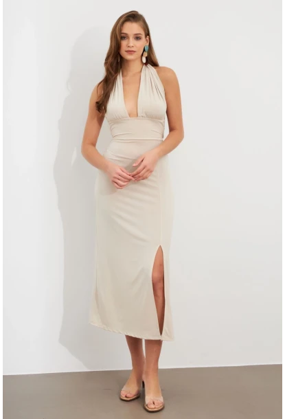 Kadın Taş Bağlamalı Sırt Dekolteli Maxi Elbise UG2003