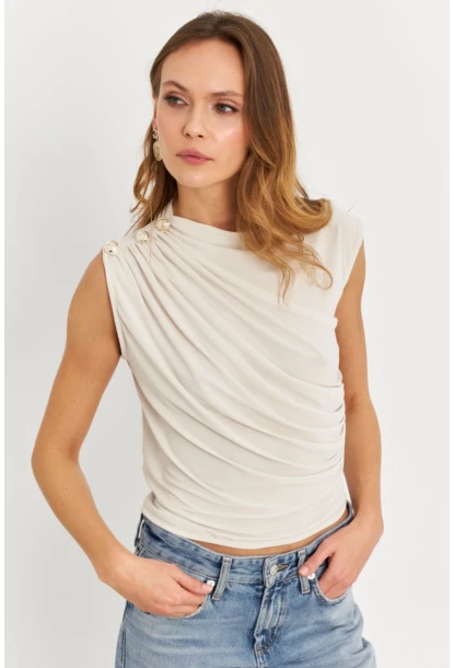 Kadın Taş Düğme Detaylı Büzgülü Bluz LPP1205-1