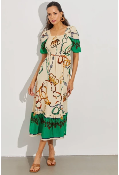 Kadın Taş Gipeli Kare Yaka Midi Elbise ÖM167