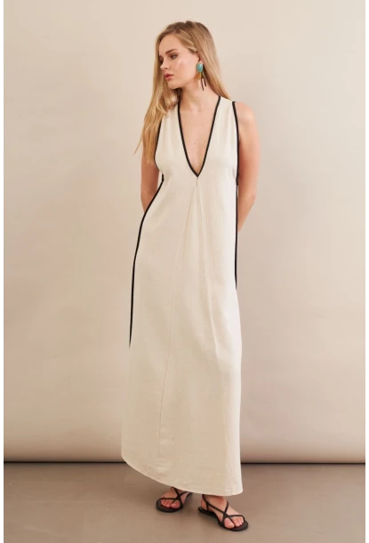 Kadın Taş Kontrast Çizgili Maxi Keten Elbise MSİ101