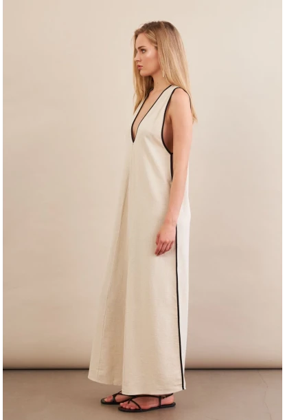 Kadın Taş Kontrast Çizgili Maxi Keten Elbise MSİ101