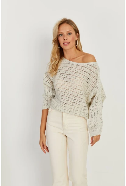 Kadın Taş Simli Ajurlu Triko Bluz YZ403