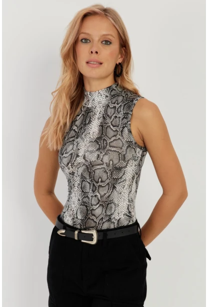 Kadın Taş-Siyah Yılan Desenli Kolsuz Bluz LPP1259