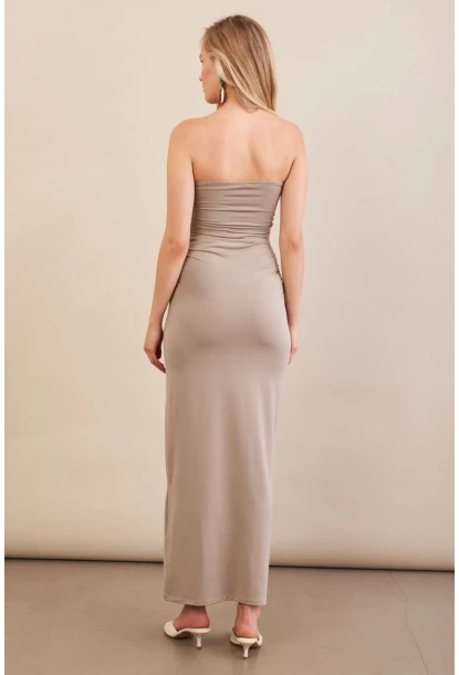 Kadın Taş Straplez Büzgülü Midi Elbise MX2005