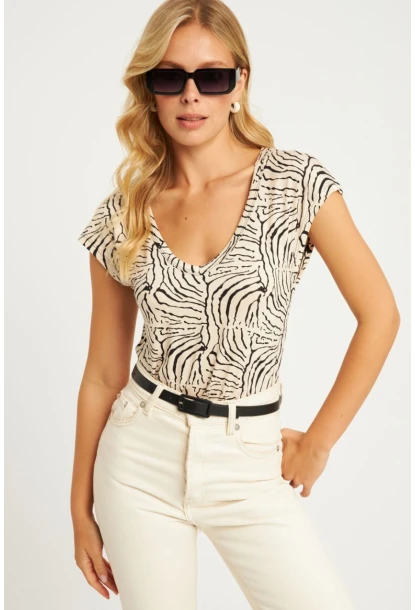 Kadın Taş V Yaka Desenli Bluz LPP1285