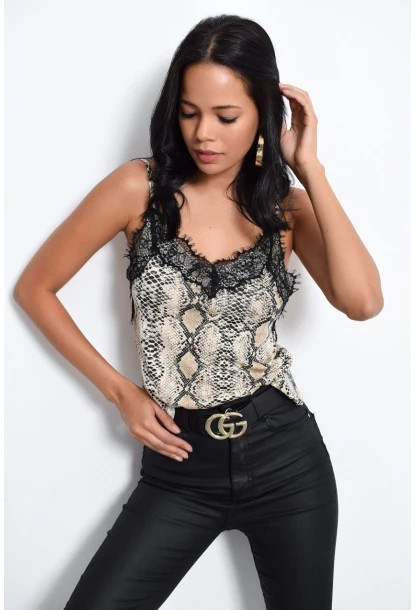 Kadın Taş Yılan Desenli Dantelli Atlet