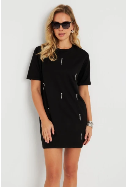 Kadın Taşlı Mini Elbise Siyah ST831