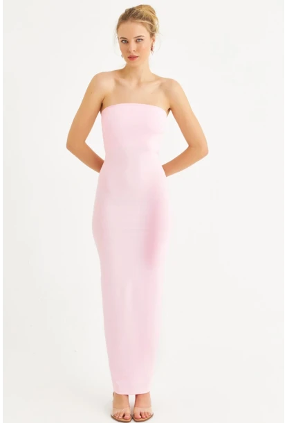 Kadın Toz Pembe Straplez Yırtmaçlı Midi Elbise XC005