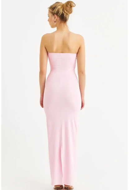 Kadın Toz Pembe Straplez Yırtmaçlı Midi Elbise XC005