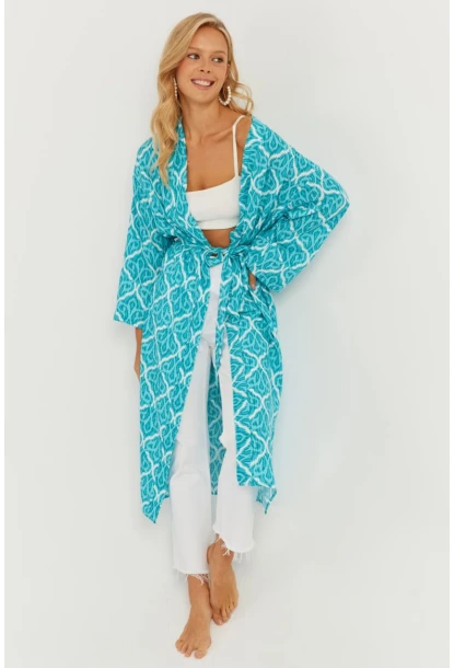 Kadın Turkuaz Desenli Kimono GÇ155
